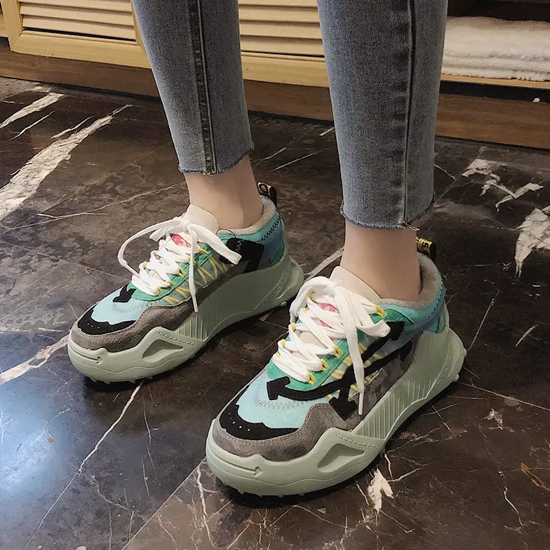 Women Color Blocking Thick bottom Fur Sneakers Ridged Sole Casual Runway Shoes Outdoor Walk Winter Plush Trainers | Обувь