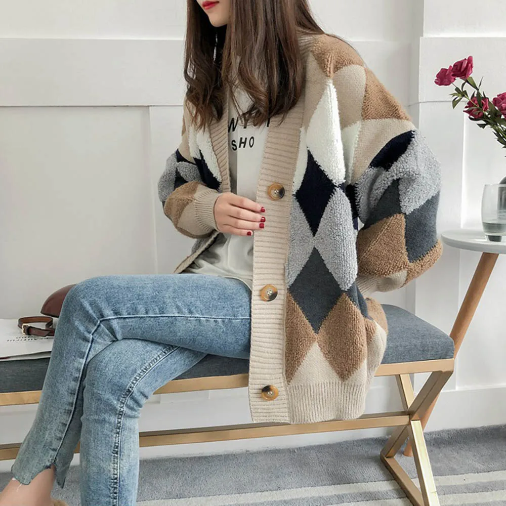 Loose Cardigan Sweater Coat Jacket Colorful Diamond Lattice Knit Korean Style Knitted Cardigan Single Breast Sweaters Women Tops