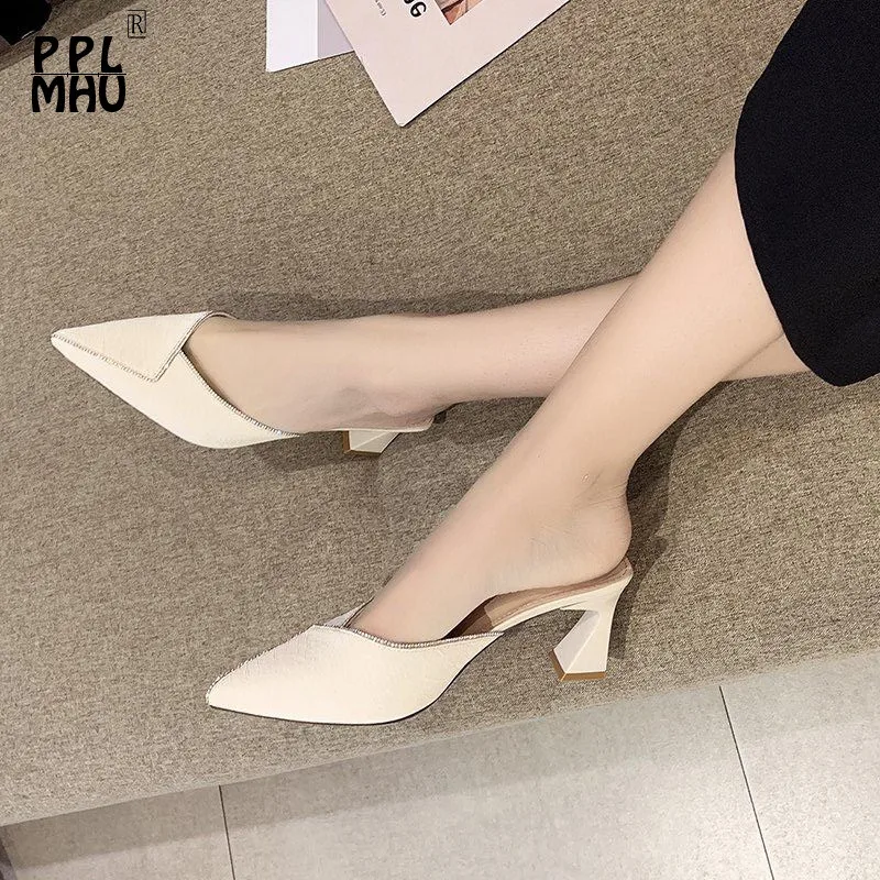 

PU Leather Pointed Comfort Breathable Woman Shoes Sexy High Heel Outside Wear Slippers Summer Slides Non-Slip Office Shoes