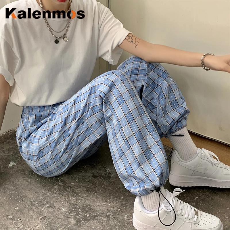 Тренировочный костюм брюки Харадзюку женские зеленые клетчатые KALENMOS прямые с