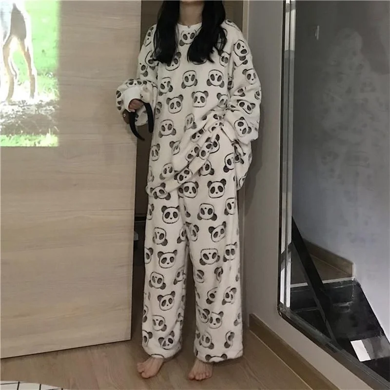 QWEEK Pijamas Women Kawaii Panda Print Flannel Pajamas Autumn Winter Sleepwear Home Clothes Long-sleeved Trousers Pyjamas Warm