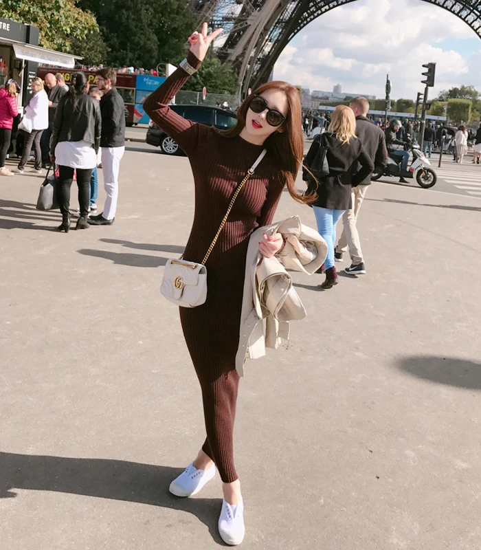 Женское трикотажное длинное платье Timis Li элегантное однотонное свитер с круглым