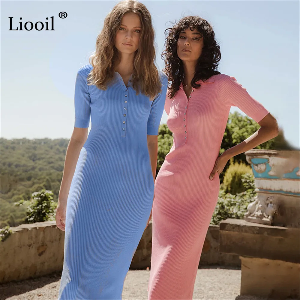 

Liooil Knit Ribbed Button Up Midi Dress Women Autumn 2021 Short Sleeve Turndown Collar Streetwear Blue Knitwear Bodycon Dresses