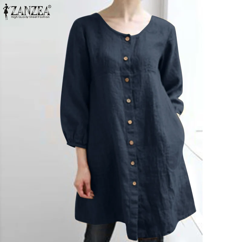 

2021Women Casual Solid Puff Sleeve Blouse Autumn Office Plain Clothing Baggy Cotton Tunic Top ZANZEA Vintage O Neck Button Shirt