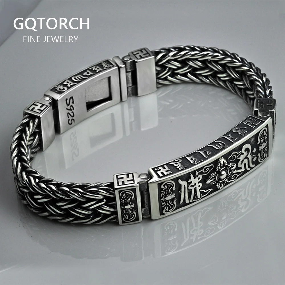Тяжелый 925 пробы Серебряный Тибетский мантра браслеты для мужчин плетеные шесть