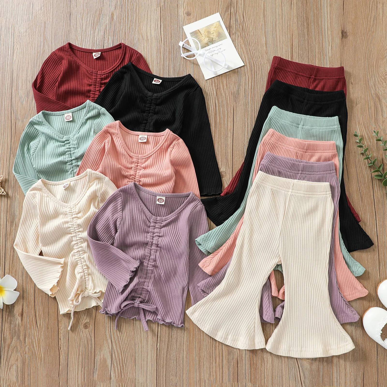 

Baby Girl Clothes Kitting Ribbed Lace Up Two Piece Set Solid Color Drawstring Ruffed Bell Bottoms Romper Pants Children Outfits
