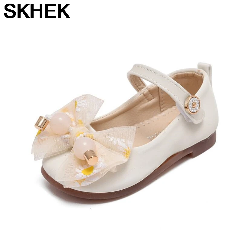 

SKHEK Kids Leather Shoes For Girls Children Toddlers Girl Flats Princess Sweet T-strap With Bow-knot Square Toes Comfortable New