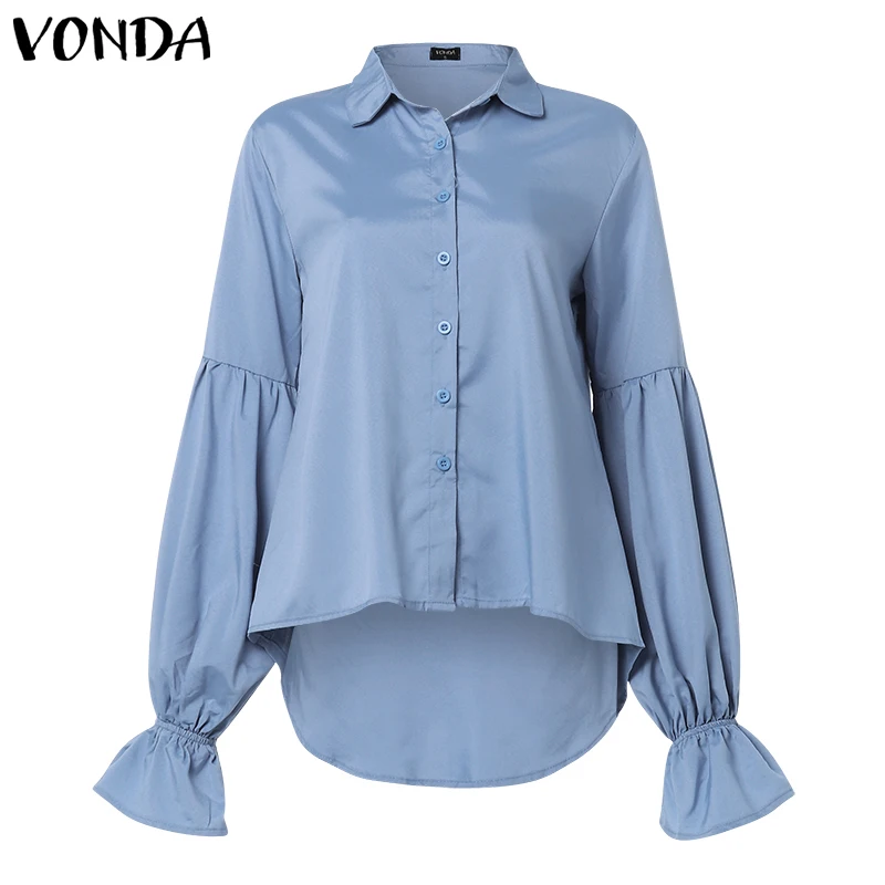VONDA, блузка, женская рубашка,, осенняя, повседневная, с асимметричным подолом, с отворотом, с длинным рукавом-фонариком, белая рубашка, сексуальные топы размера плюс, блузы