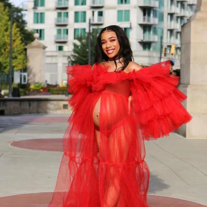 

See Thru Red Tulle Long Robe For Pregnant Women Dresses Off The Shoulder Ruffles Bridal Shower Dress Vestido De Mujer
