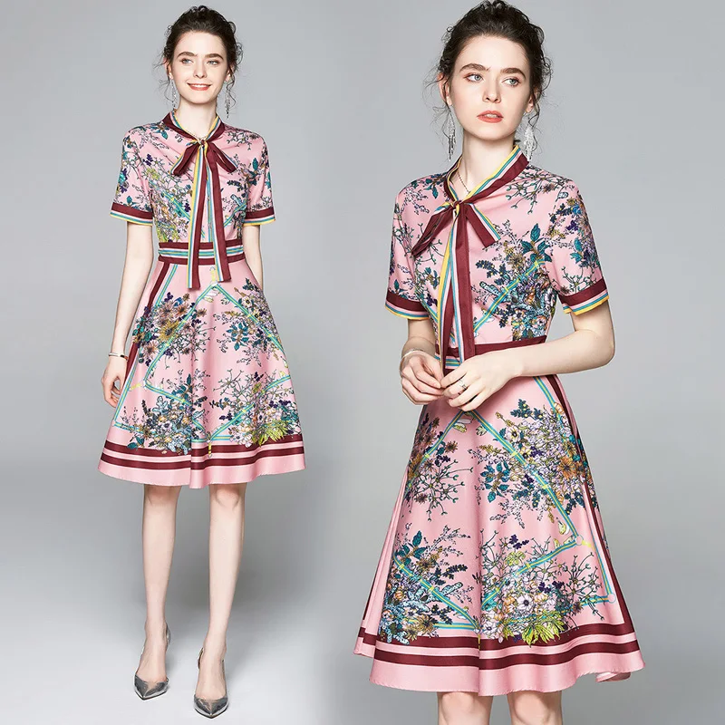 

Fashion Striped Bow Neck Flower Print Dress Women Summer Floral Female Short Sleeve Vintage Dress Ladies Loose Midi Vestidos