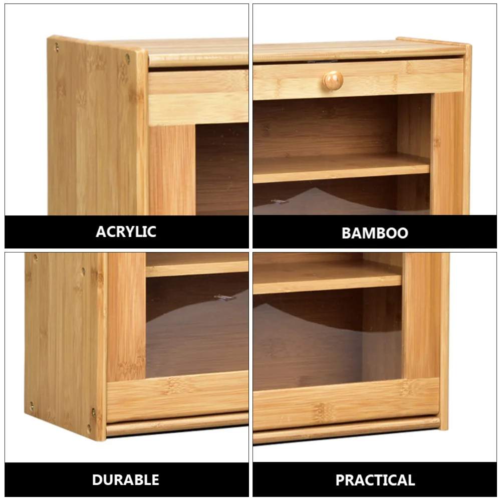 

1Pc Bamboo Bread Box Two Layer Bread Storage Holder Visible Window Bread Case