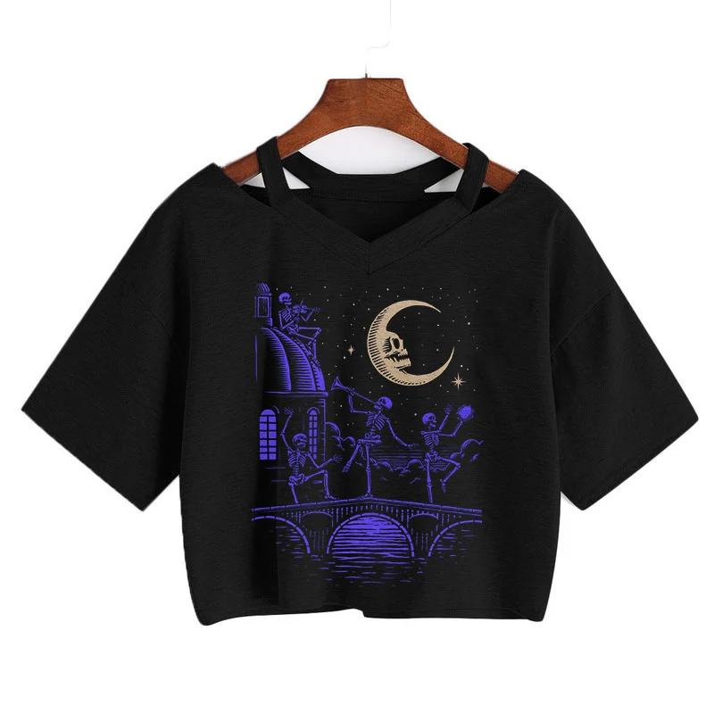 2021 New Dance skull pattern T-Shirt Summer Women's Crop Tops Short Sleeve Gothic Tees Punk Grunge Shirt Harajuku Y2k Sexy Top | Женская
