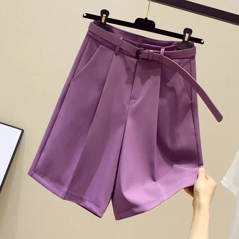 

Purple Casual Straight Short Pants Women's Korean Summer Loose 2021 New Slim Knee Length Pants High Waist Wide-leg Suit Pants