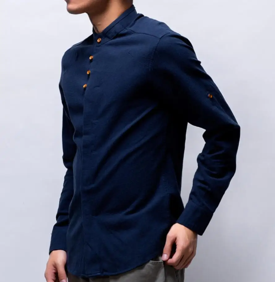

Men's Slim stand collar Retro linen shirt casual long-sleeved shirt black