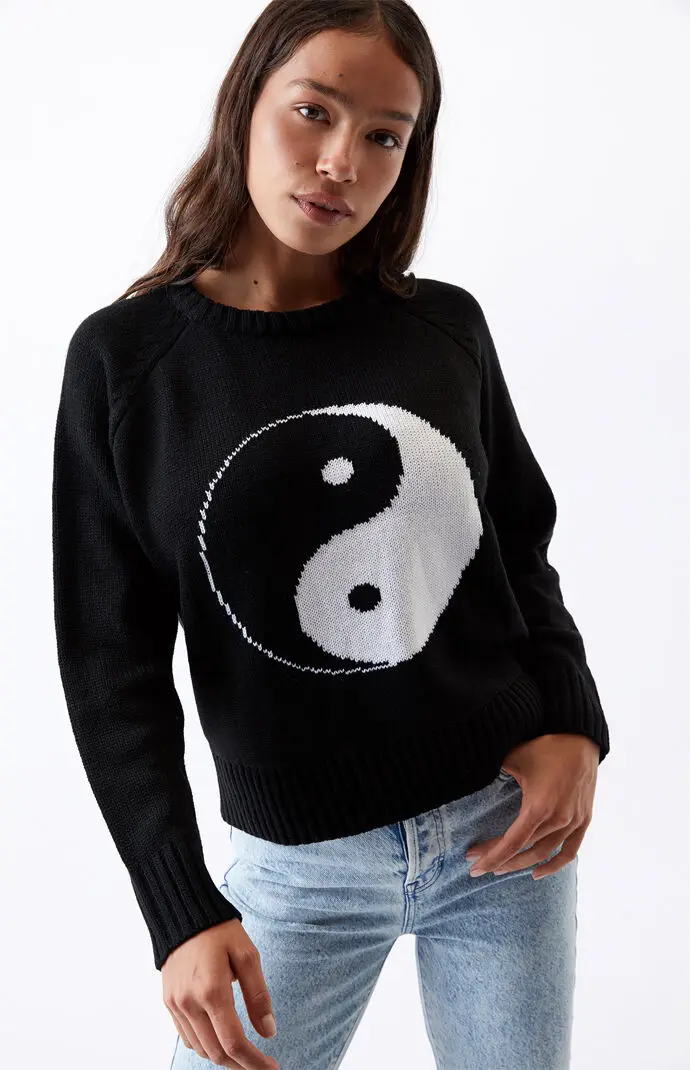 

Breathable Girls Sweater Pullover Knitted Tops Long Sleeve Knitwear Autumn Ladies Creative Eight Trigrams Pattern Round Collar
