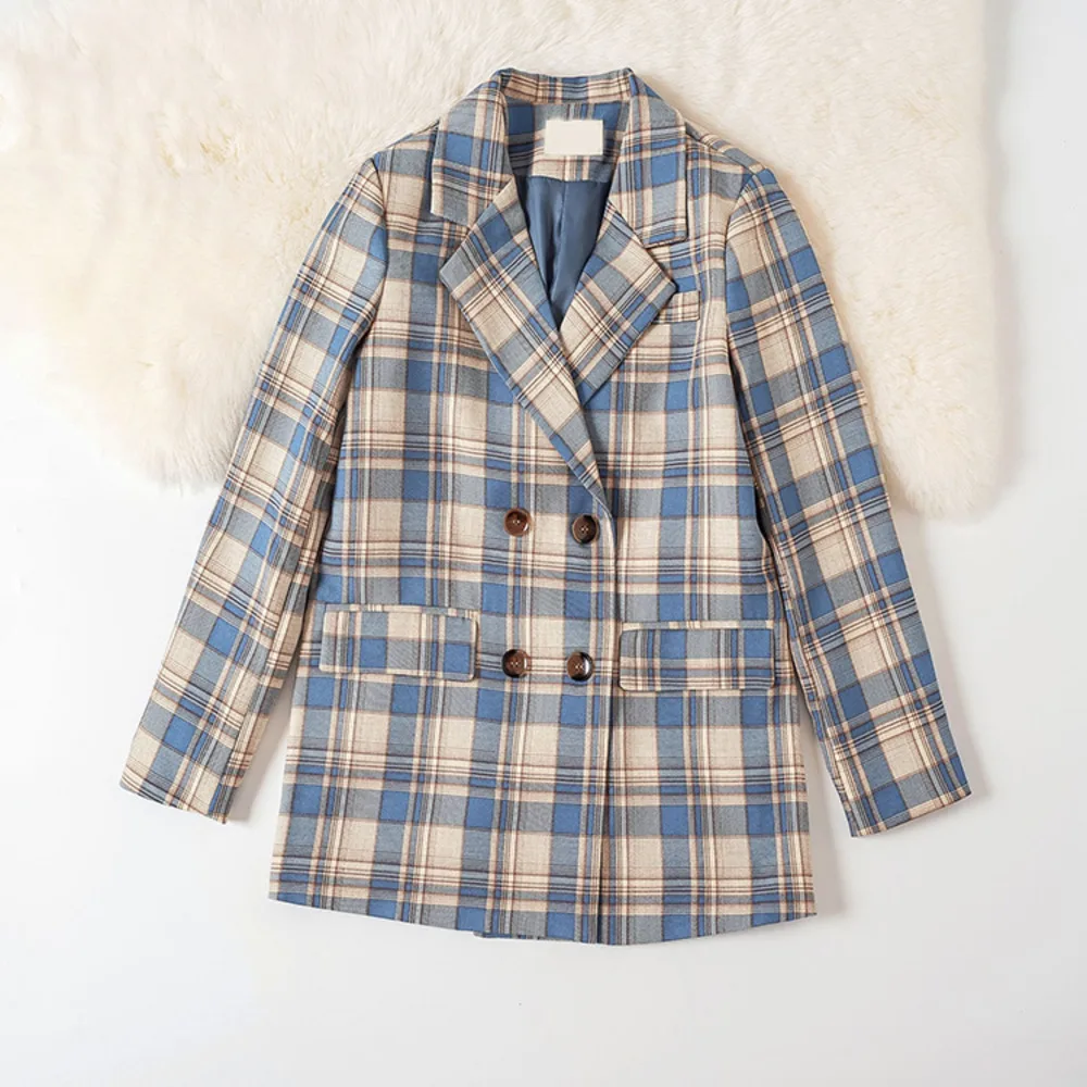 

Женский блейзер в клетку, двубортный блейзер цвета хаки, осень 2020