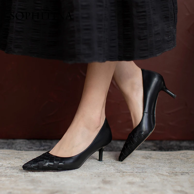 

SOPHITINA Women Pumps Elegant Weave Premium Leather Handmade Shoes Thin Heels Pointed Spring Concise Office Ladies Shoes DO07