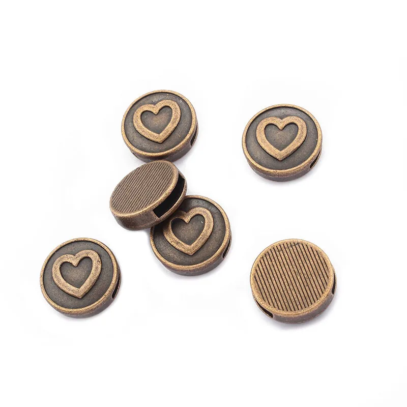 

10pcs Antique Bronze/Copper Round Heart 11*2mm Hole Slider Spacer Beads For 5mm 10mm Flat Leather Cord DIY Jewellery Makings