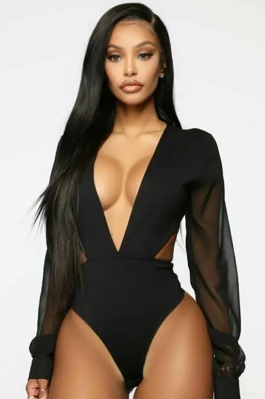 

Women Sexy Deep V Long Sleeve Bodysuit Romper Jumpsuit Leotard Tops Blouse