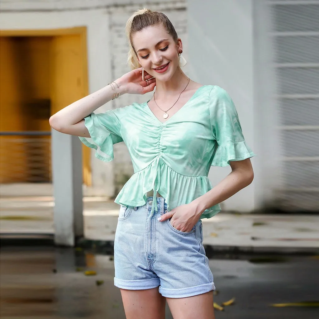 Женская блузка с v образным вырезом и принтом в виде галстука красителя короткий