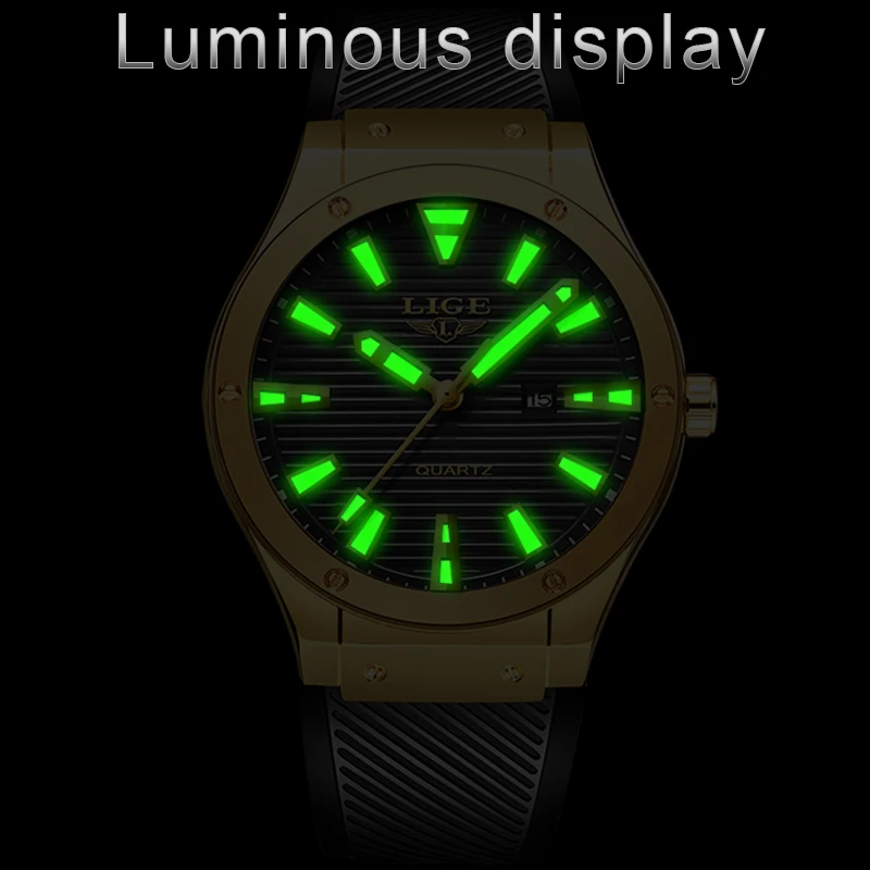 Часы наручные LIGE мужские кварцевые с силиконовым ремешком модные спортивные