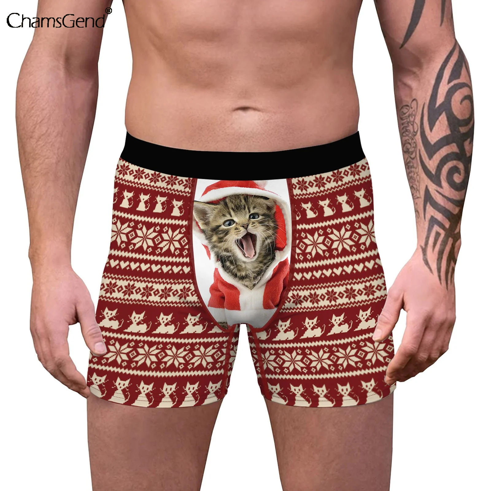 

Men's Christmas Underwear 3D Cat Graphic Printed Mid-Waist Boxers Man Gay Breathable Underpants Stretch Intimates