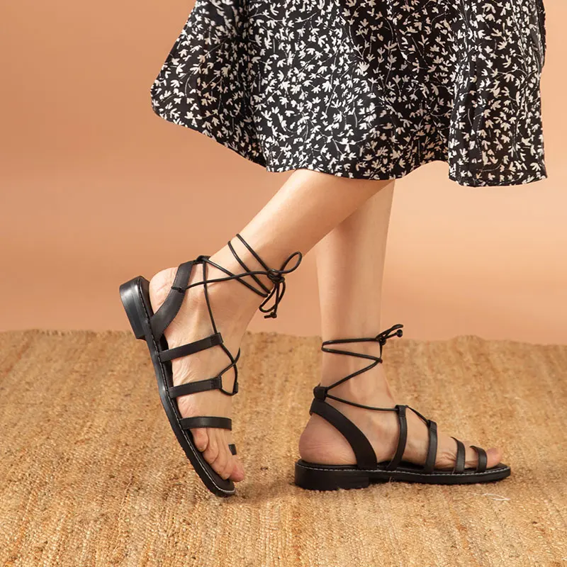 Jual Cantik Gladiator Sandal Wanita Kulit Sapi Vintage Pergelangan Kaki Tali Silang Square Toe Jempol Flat Musim Panas Sepatu Wanita Buatan Tangan 32266
