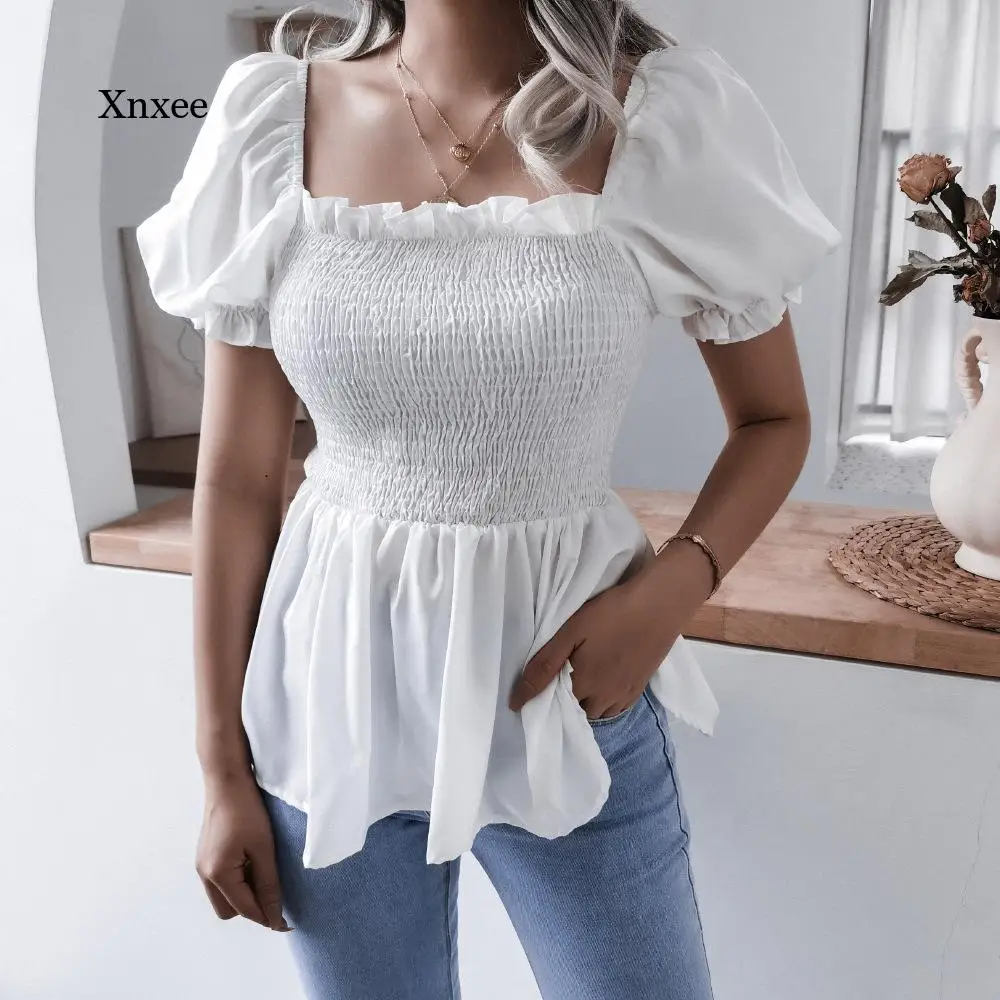 

Women Elastic Wrap Top Sexy Blouse Top Short Sleeve Solid White Shirt Puff Sleeve Ruffle Tunic Top Summer Blouses Corset Tee