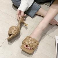new leather braided high heel sandals women runway party shoes woman cross wove folds mules shoes sexy thin heel slippers woman