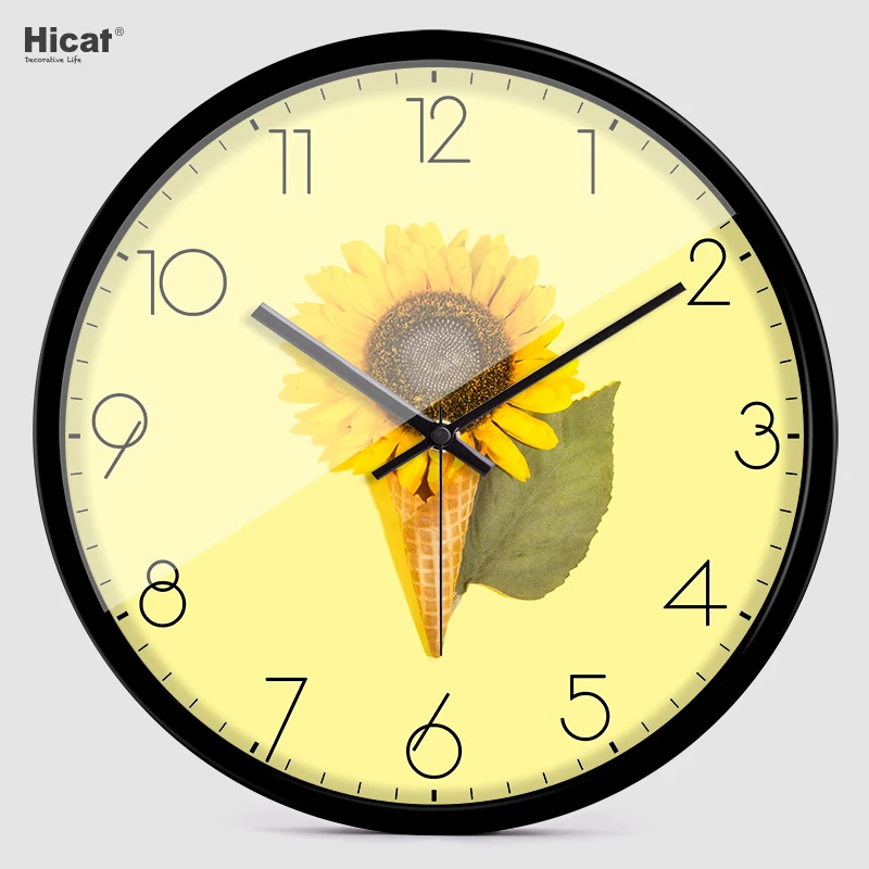 Желтые современные настенные часы простые кварцевые с цветами для гостиной Vogue