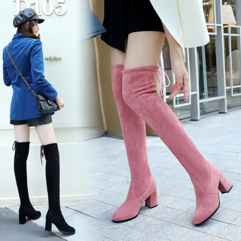 

Over The Knee Women Long Boots Basic Women's Boots Pointed Toe Lace Up Female Shoes On Heel 2021 Classic Offica Lady Shoes
