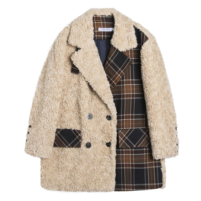 

ZURICHOUSE Brand Patchwork Lambswool Jacket Female Warm Fashion Retro Hit Color Plaid Spliced Design Faux Fur Winter Coat Women