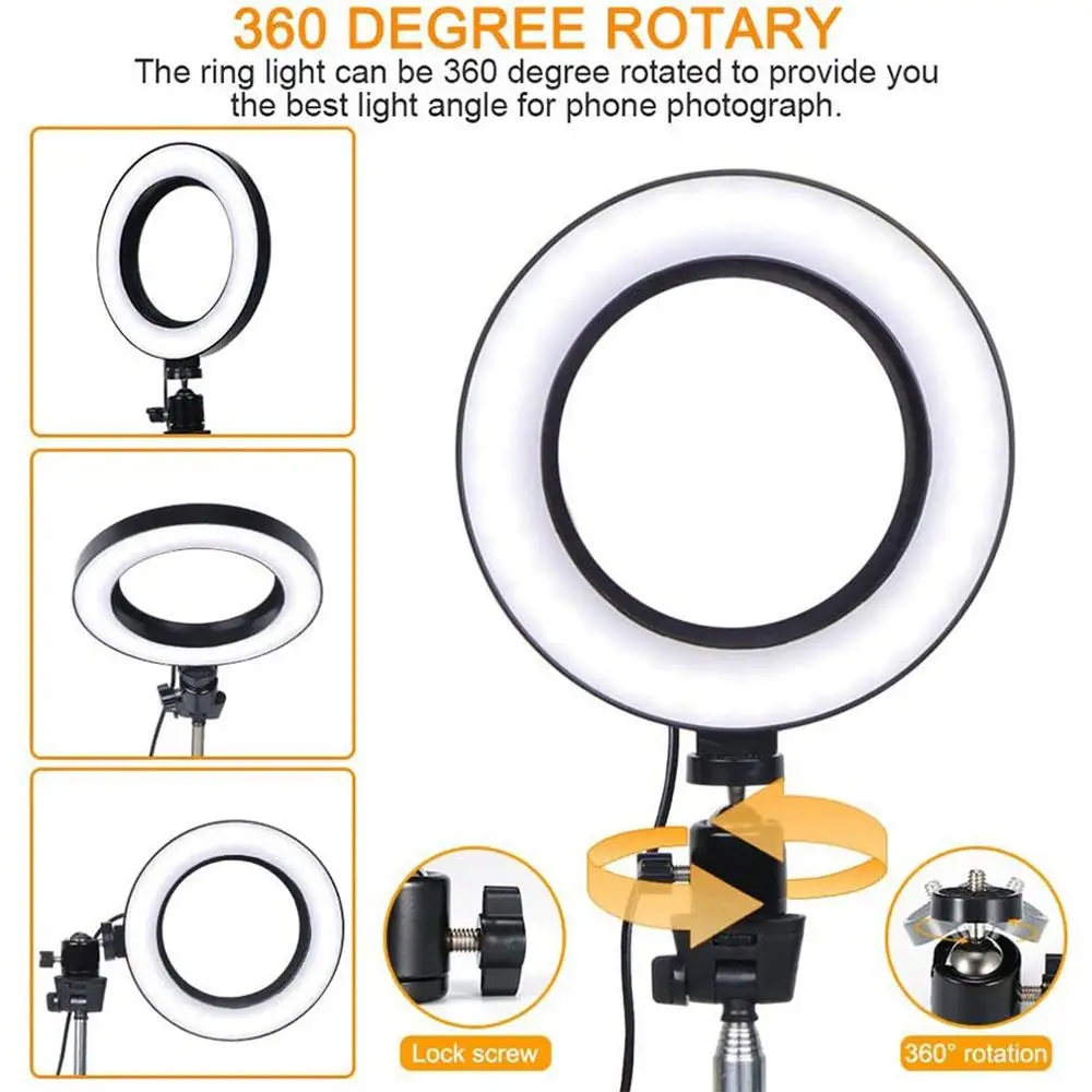 

Selfie Ring Light With Tripod 6-Inch Dimmable LED Ring Lamp 360 Degree Rotatable Tripod For Makeup Video Live Studio