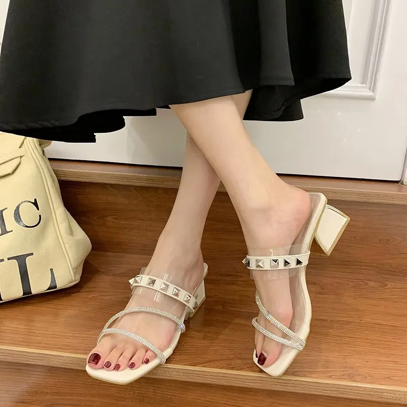 

Open Toe Comfort Shoes for Women Block Heels Clear Sandals Suit Female Beige 2021 Summer Med All-Match Buckle Strap Peep Chunky