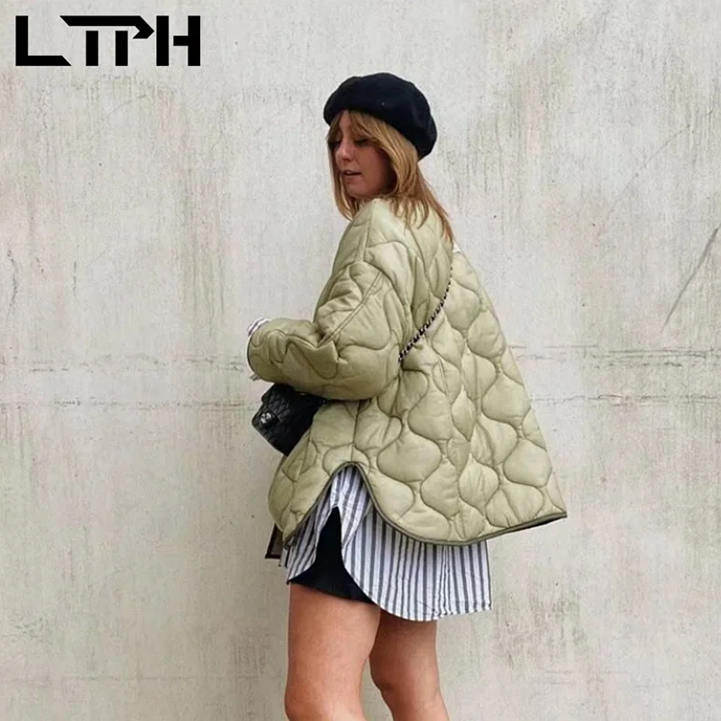 LTPH vintage wave pattern quilted puffer jacket women parkas oversized loose warm split hem long sleeve coat 2021 autumn new