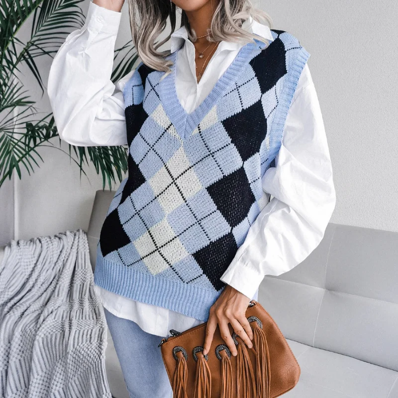 

2021 Autumn and Winter Vest Clashing European and American College Style Diamond V-neck Casual Loose Pullover Knitted Jumper