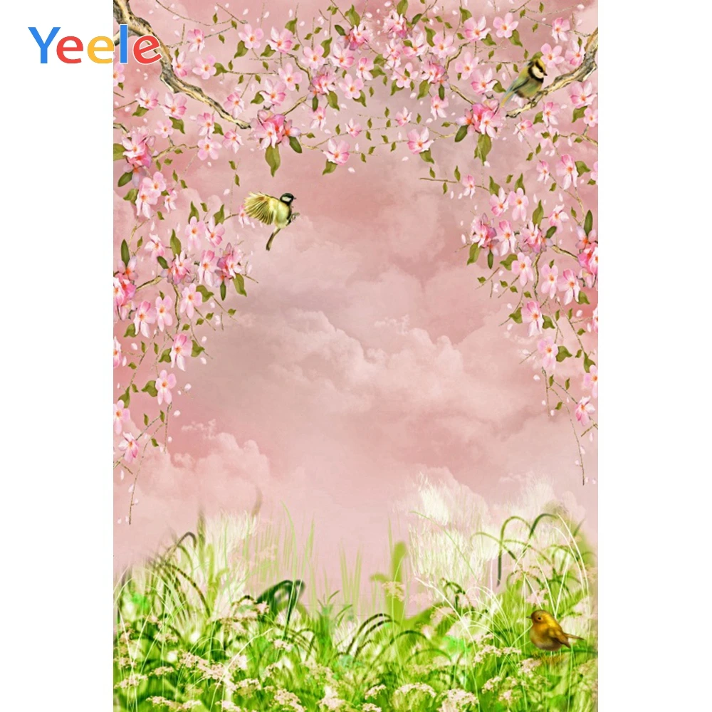 

Yeele Pink Cherry Blossom Green Grass Photo Background Photophone Pinewood Photography Backdrops Studio for Baby Newborn Cake