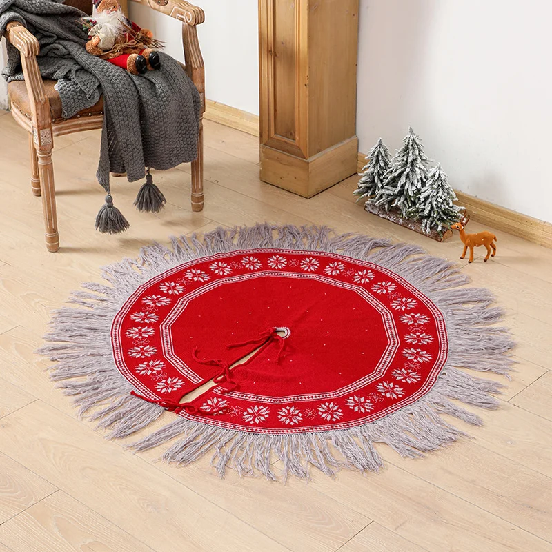

Tassel Christmas Tree Skirt Snowflake Fringed Edge Elk Knitted Tree Skirts Mat For Christmas Holiday Party Decorations