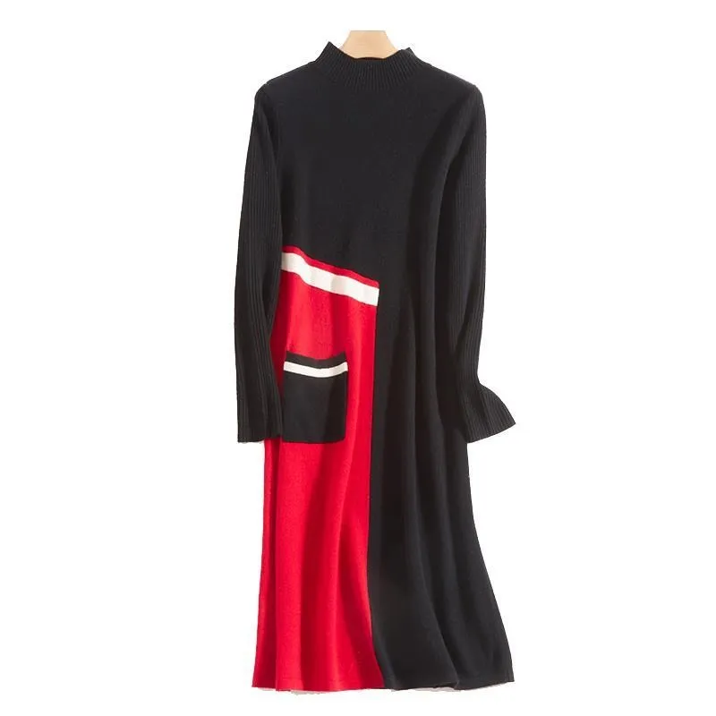 

Knit Dress Winter New All-Match Sweater Stitching A-line Dress Temperament Lady Slim Fashion Mid-Length Style Dresses Female