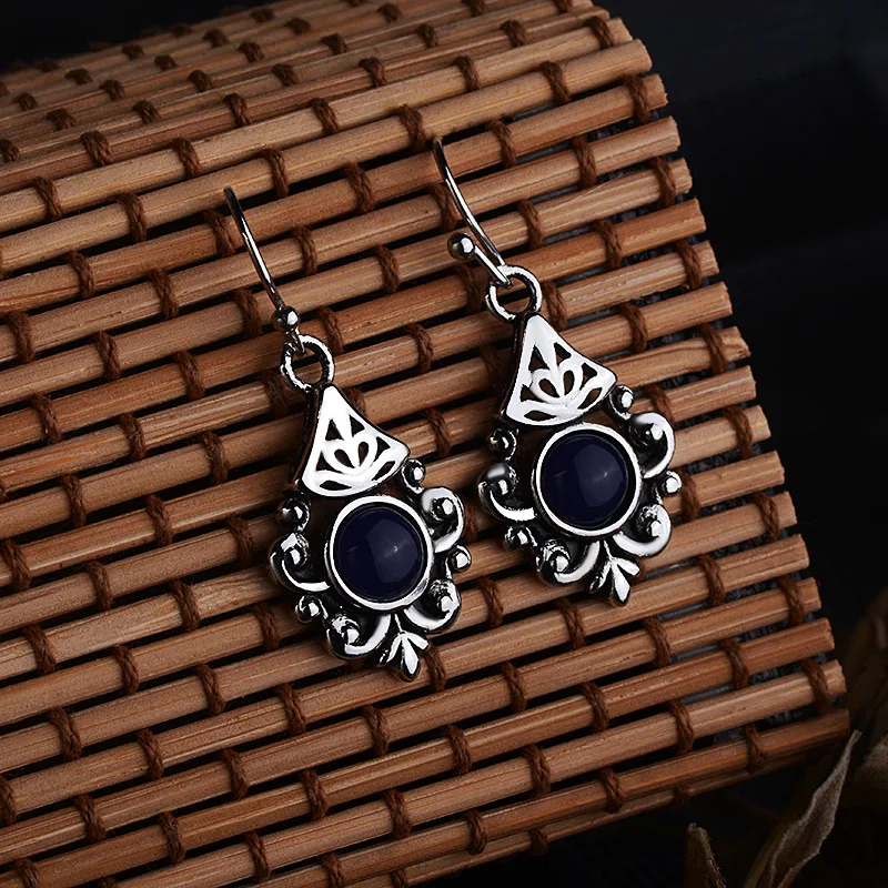 

S925 Vintage Thai Silver Royal Blue Earrings for Women Engagement Wedding Birthday Gift Jewelry