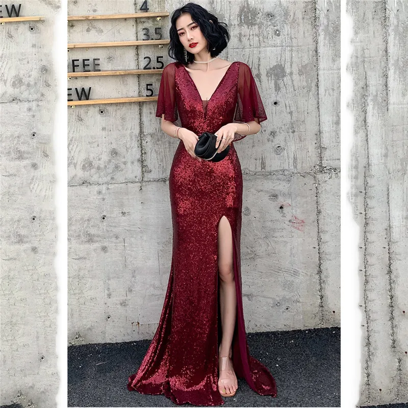 

Green Summer Women Dress V-Neck Short Sleeve Backless Slim Package Hip Fishtail Mermaid Long Host Party Fashion Spring