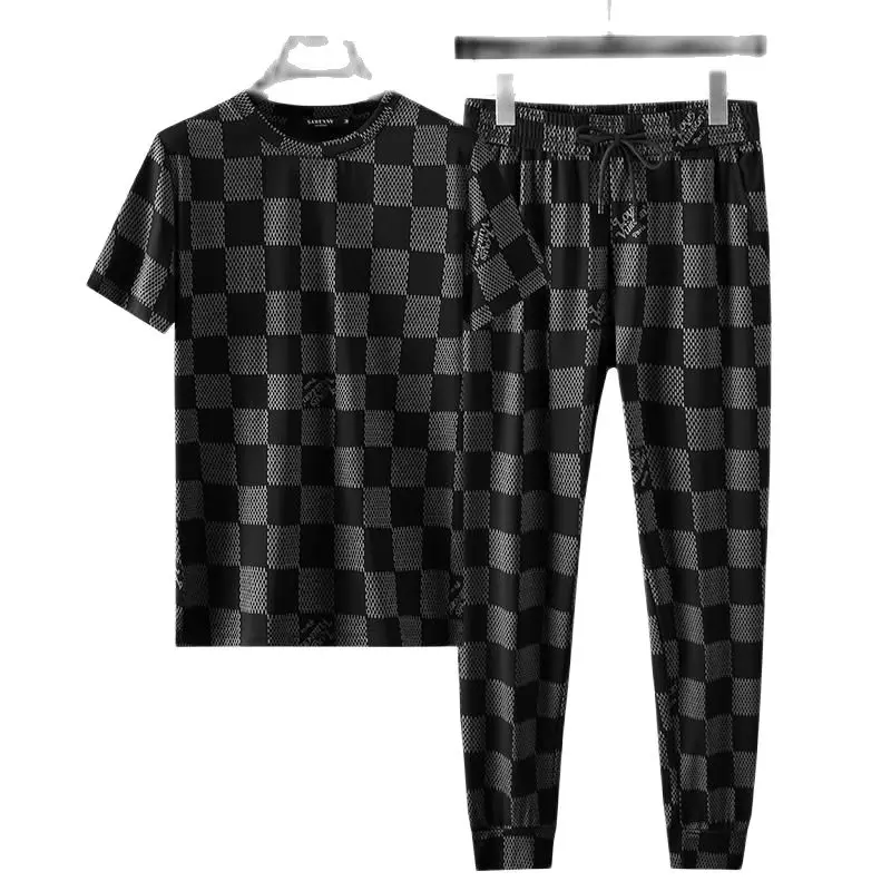 

Summer New Plaid Casual Suit Men 's 2021 Ice Silk plus Size Cool All -Matching Handsome Set