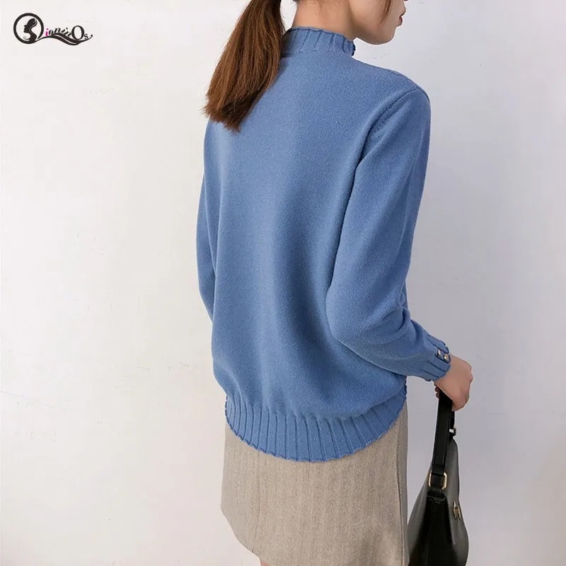 Solid Color Casual Loose Sweater Women Pullovers Simple Turtleneck Warm Long Sleeve Cute Knit Tops Button | Женская одежда