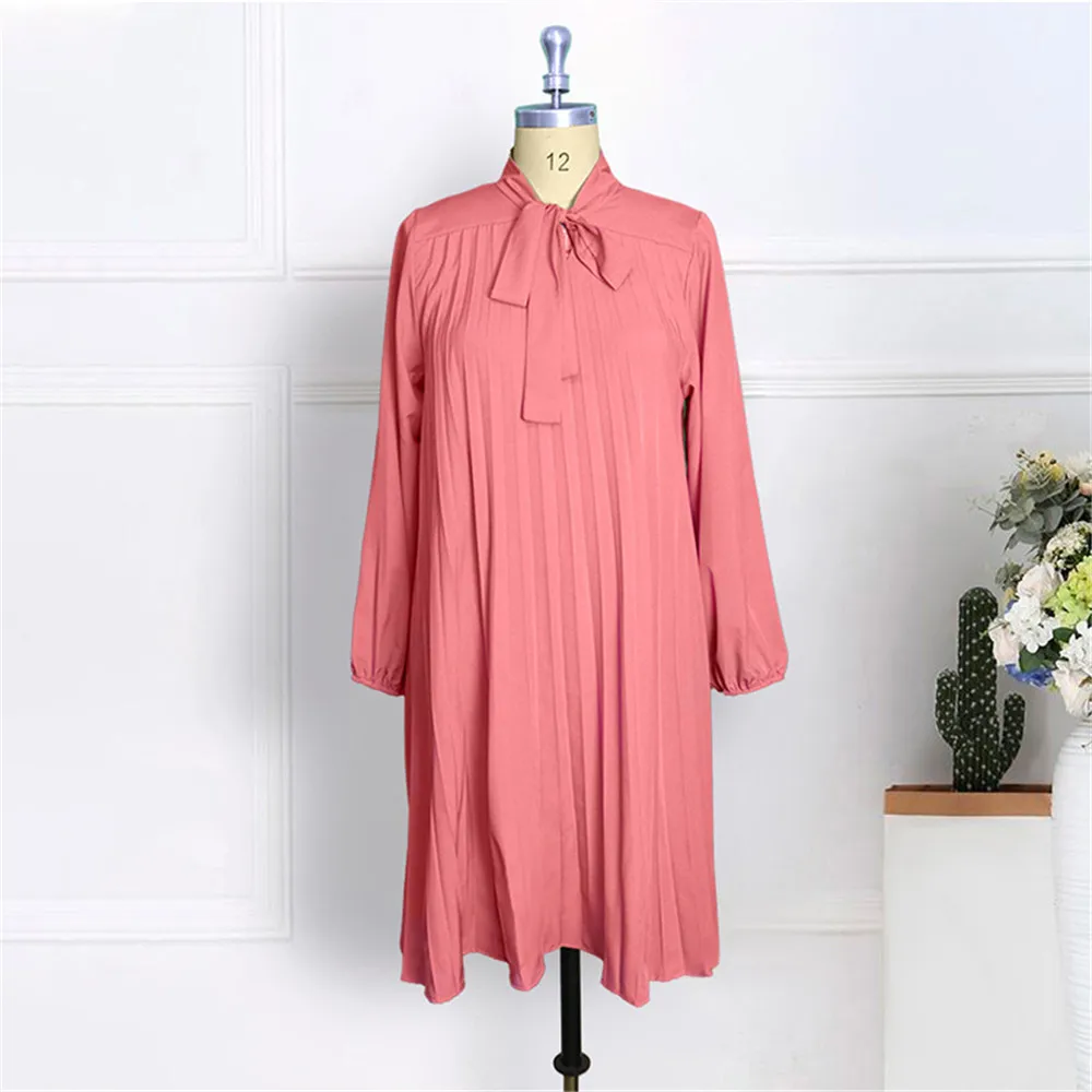 

Pink Pleated Office Women Dress 2021 Stand Collar Bow Mini Robe Femme Summer Autumn Party Casual Women's Vestiods Plus Size 5XL