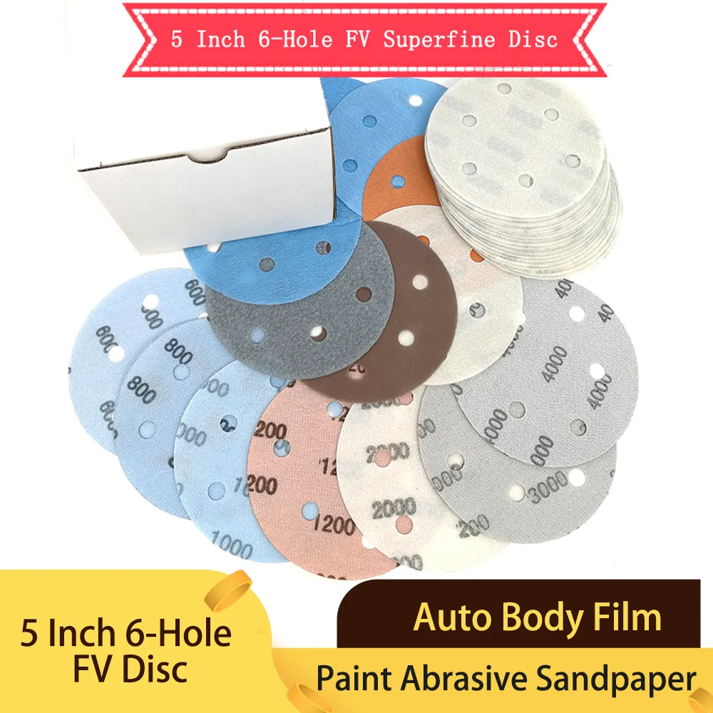 10 Pc 5 Inch 125mm 6 Holes  FV Superfine Wet/Dry Hook & Loop Auto Body Film Sanding Discs Paint Abrasive Sandpaper 600-5000 Grit
