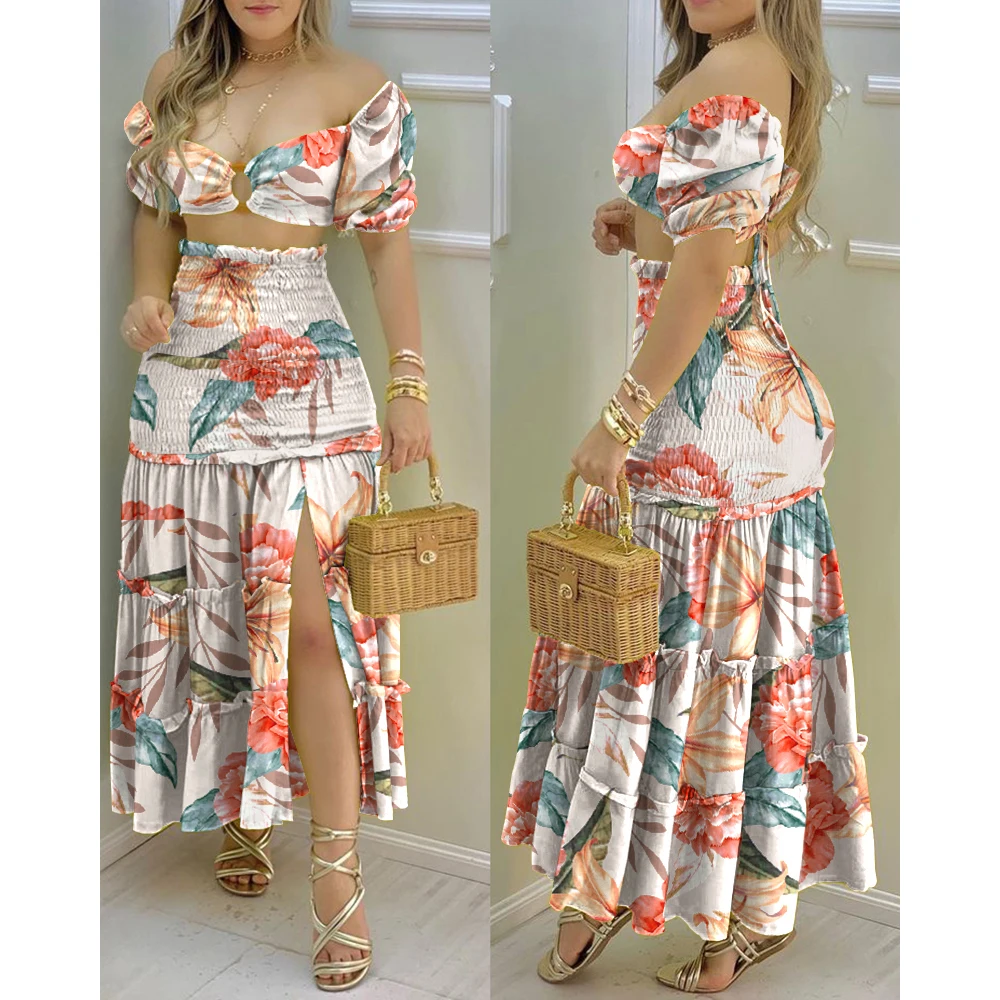 

Two Piece Set Women Solid Off Shoulder Crop Top Hem Pleated Slit Maxi Skirt Female Sexy Summer Slim 2 Piece Sets Womens Outfits