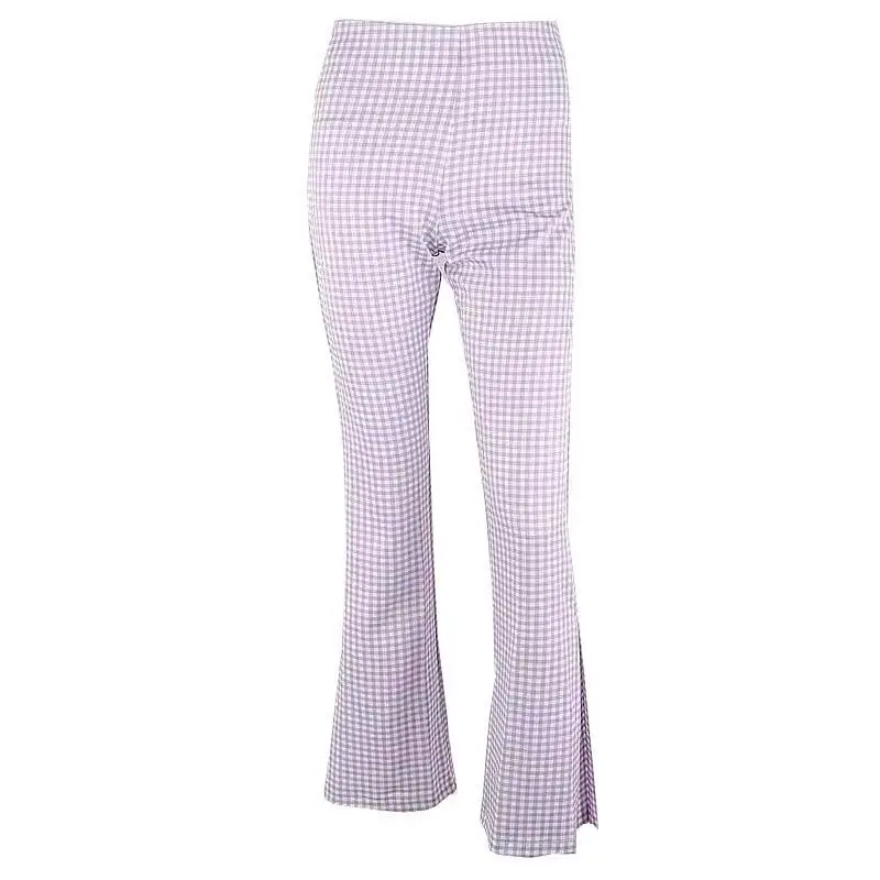

DUOFAN Women's Y2K Pants Summer High Waist Purple Plaid Flared Pants Casual Lady Korean Fashion Harajuku Vintage Pants Women