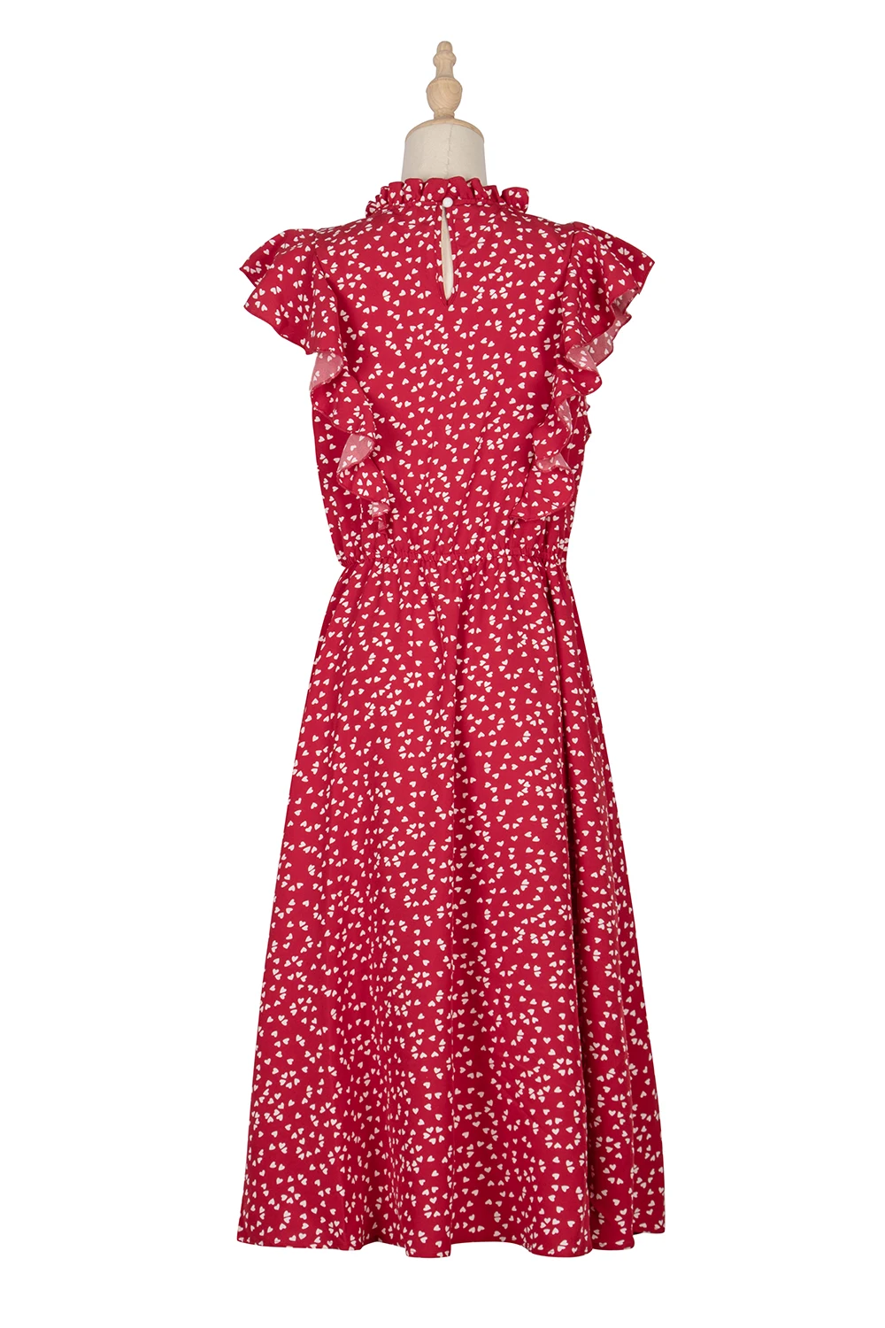 

2021 New Summer White Heart-Shaped Printed chiffon Dress Women Loose Versatile Butterfly Sleeve Ruffles Mid-Length Dresses Robe