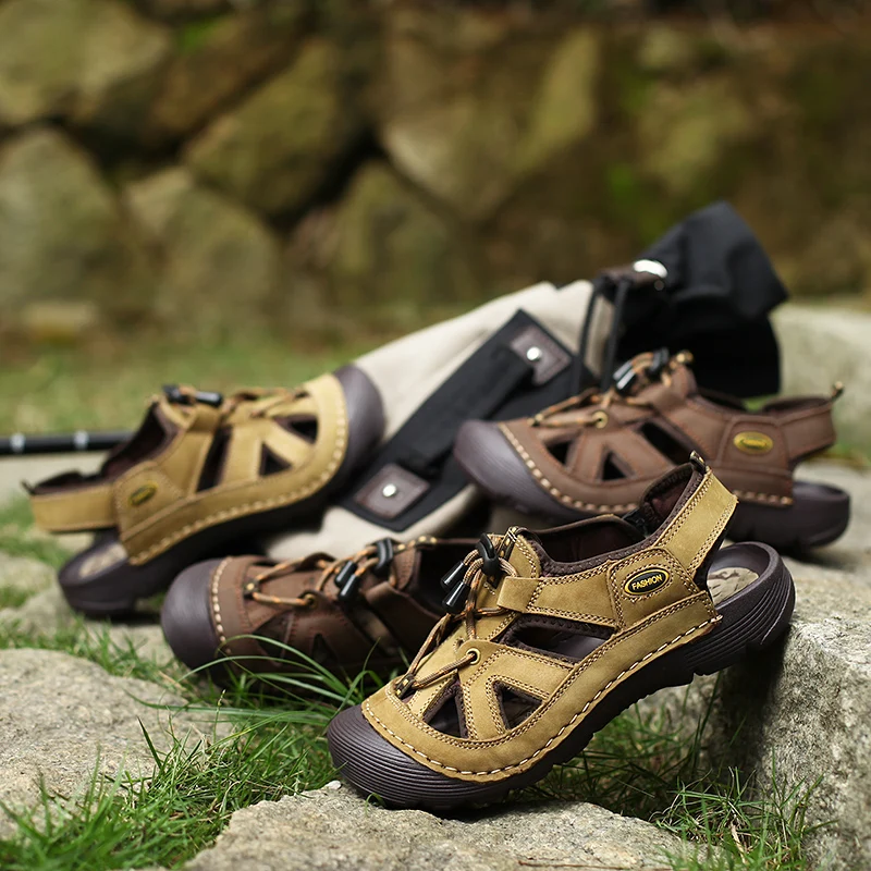 

Genuine Leather Men Sandals outdoor fashion Classic Summer Men Shoes handmade sewing Beach Sandals for Man Brand Casual Sneakers