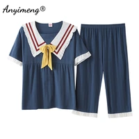 navy collared chic womens pajama set 2021 new summer shorts cotton homewear big size 3xl 4xl 5xl woman sleepwear soft cotton